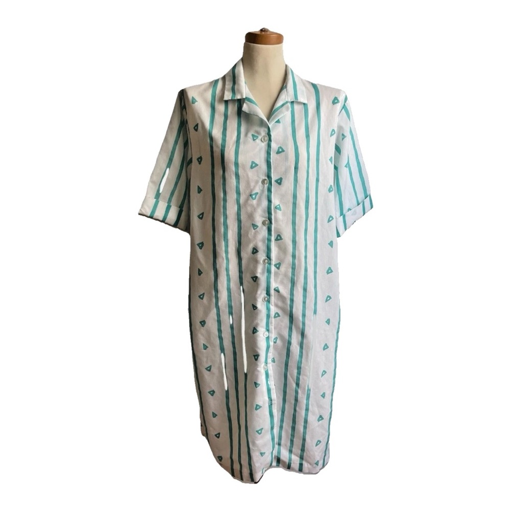 Vintage 80s Blair Shirt Dress Cotton Short Sleeve Abstract Aqua White 16 Large